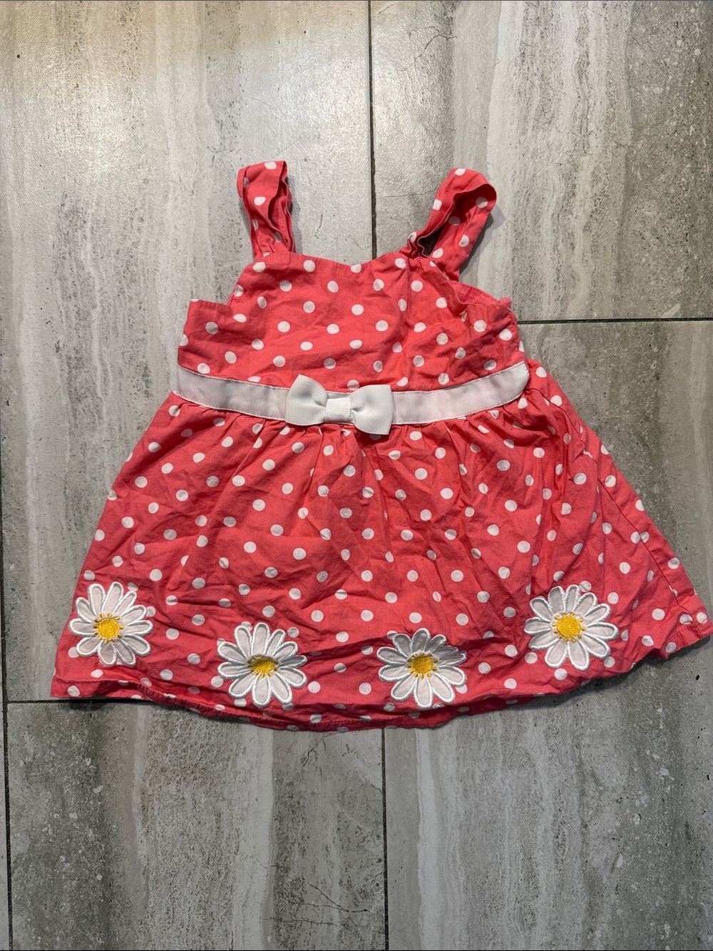 Toughskins Coral Pink Polka Dot Daisy Bow Sundress
